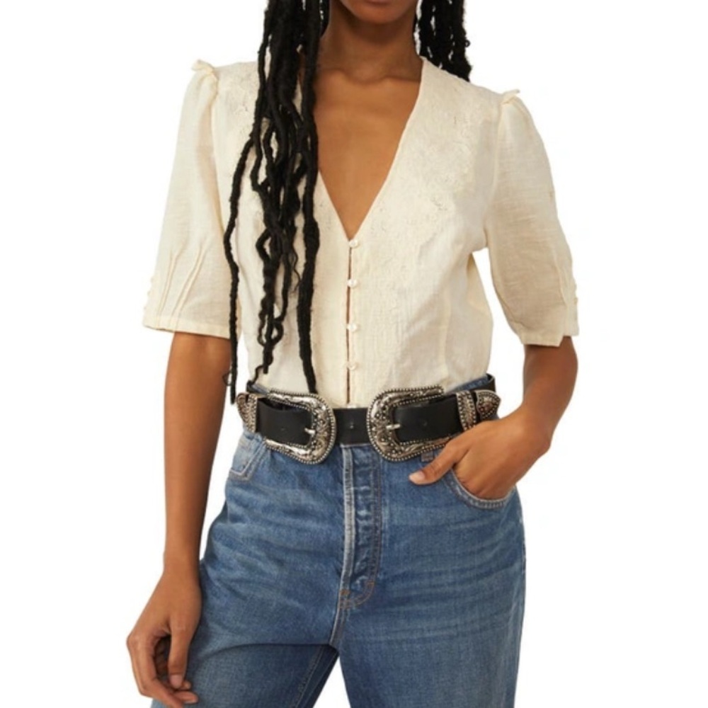 Free People Laurie Embroidered Blouse In Cream, Boho Chic Romantic Blouse NWT M